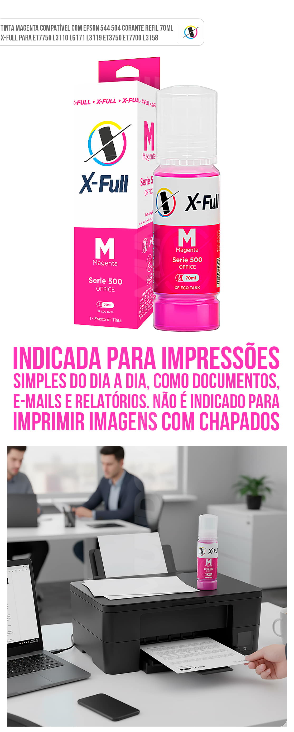 Tinta Magenta Compatível com Epson 544 504 Corante Refil 70ml X-Full para ET7750 L3110 L6171 L3119 ET3750 ET7700 L3158