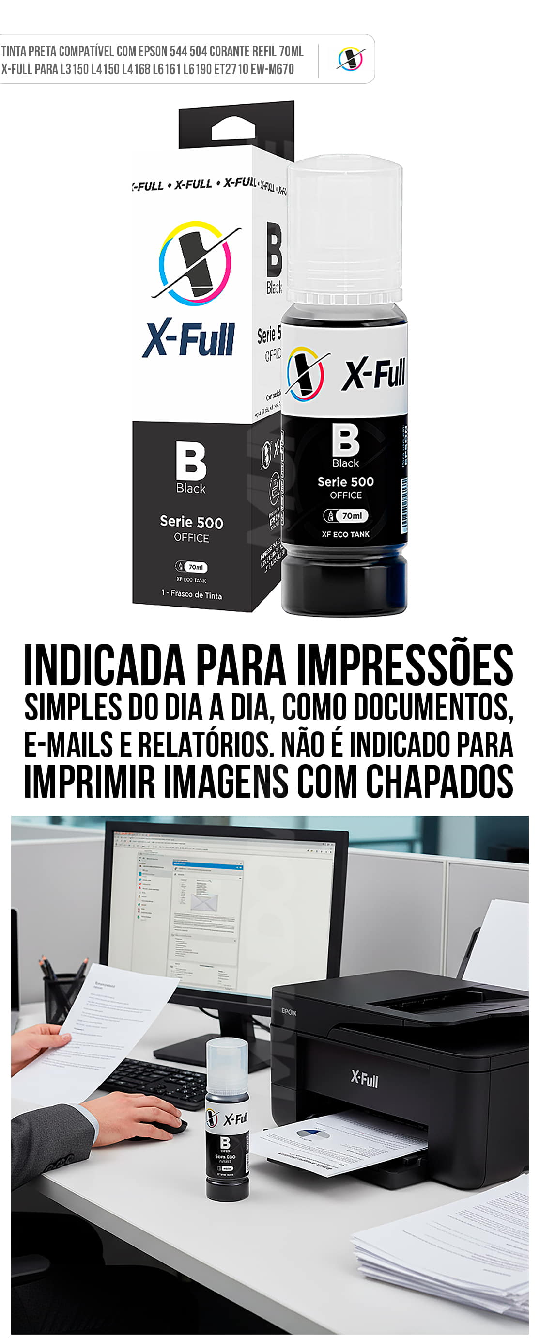 Tinta Preta Compatível com Epson 544 504 Corante Refil 70ml X-Full para L3150 L4150 L4168 L6161 L6190 ET2710 EW-M670