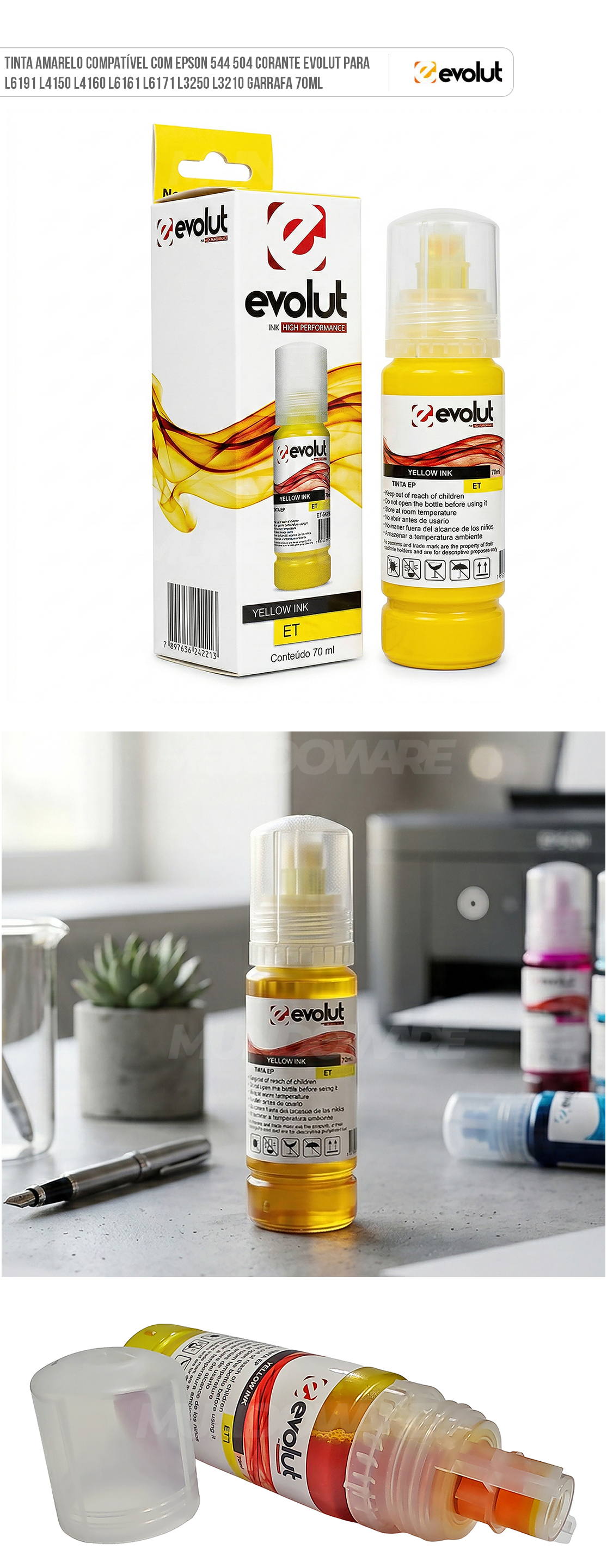 Refil de Tinta Amarelo Compatível com Epson 544 504 Corante Evolut para L6191 L4150 L4160 L6161 L6171 L3250 L3210 Garrafa 70ml Tinta Amarelo Compatível com Epson 544 504 Corante Evolut para L6191 L4150 L4160 L6161 L6171 L3250 L3210 Garrafa 70ml