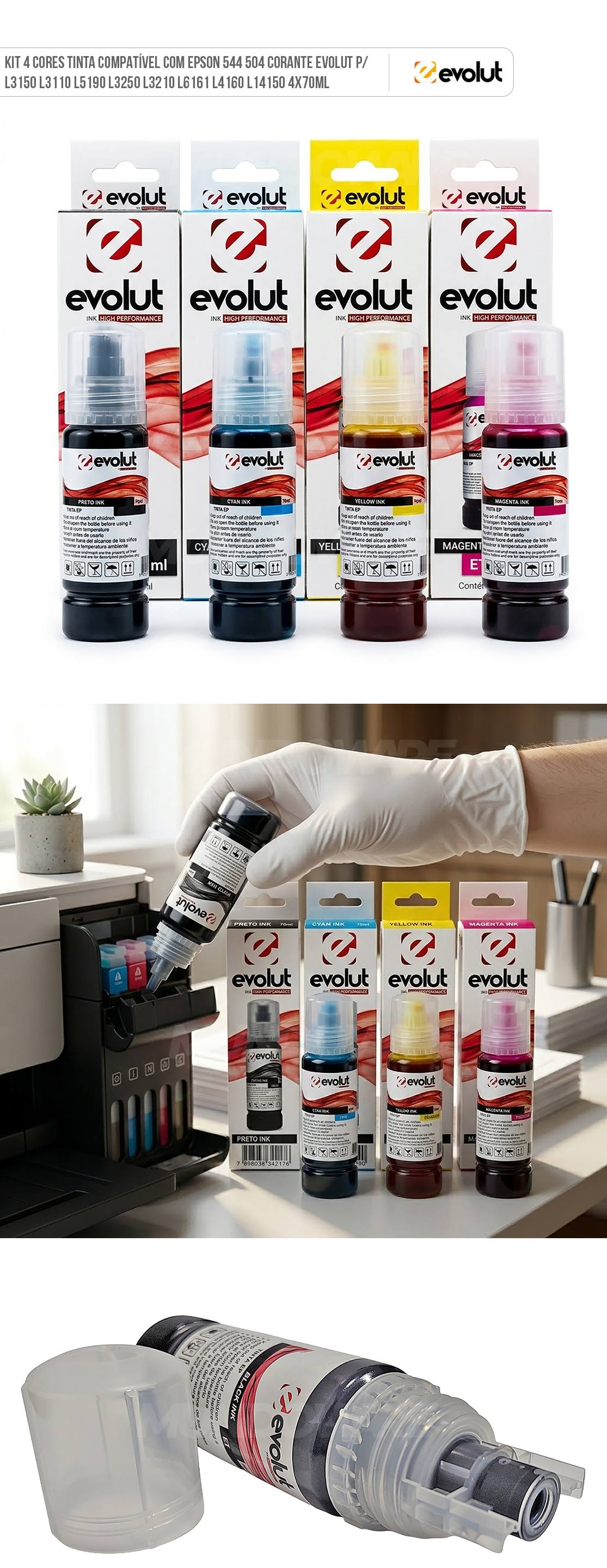Kit 4 Cores Tinta Compatível com Epson 544 504 Corante Evolut p/ L3150 L3110 L5190 L3250 L3210 L6161 L4160 L14150 4x70ml