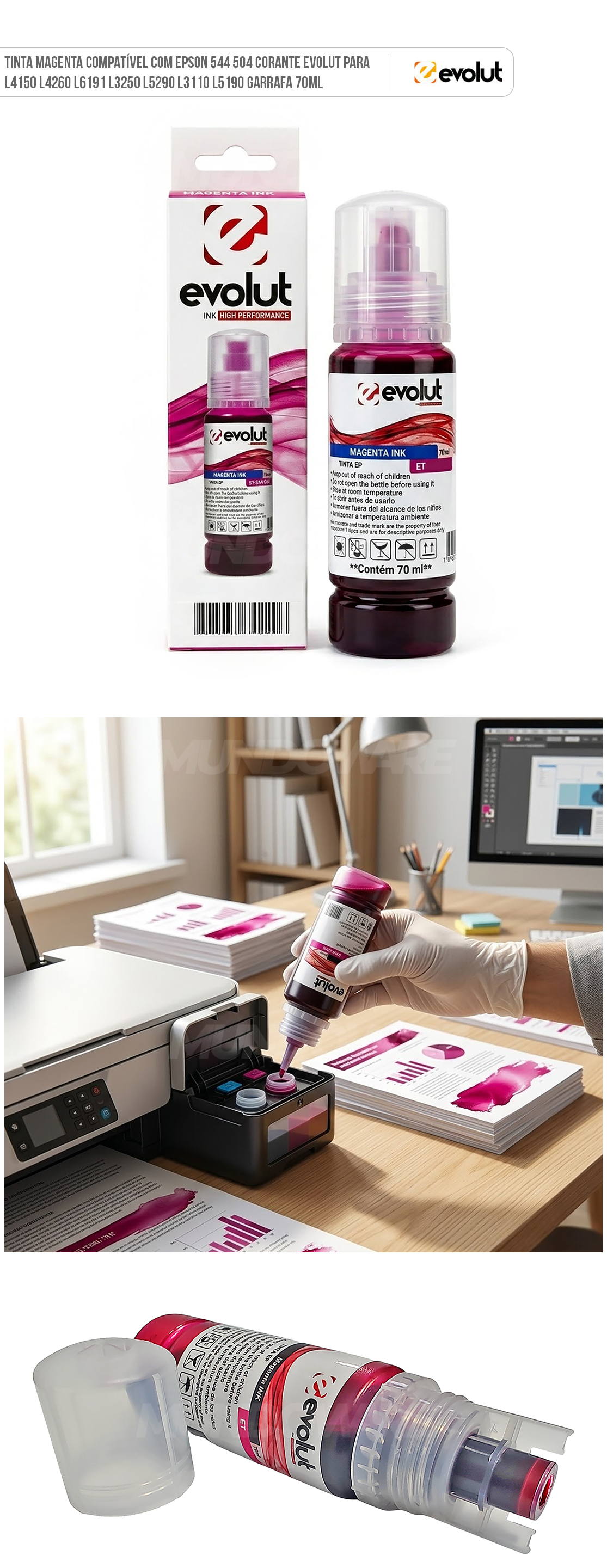 Tinta Magenta Compatível com Epson 544 504 Corante Evolut para L4150 L4260 L6191 L3250 L5290 L3110 L5190 Garrafa 70ml
