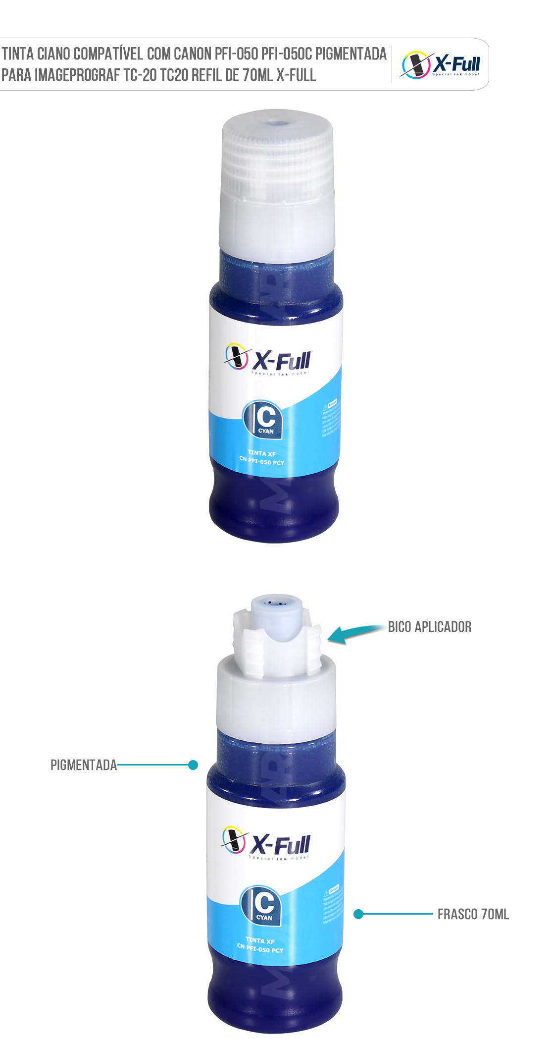 Garrafa de Tinta Ciano Compatível com Canon PFI-050 PFI-050C Pigmentada para imagePROGRAF TC-20 TC20 Refil de 70ml X-Full Tinta Ciano Compatível com Canon PFI-050 PFI-050C Pigmentada para imagePROGRAF TC-20 TC20 Refil de 70ml X-Full