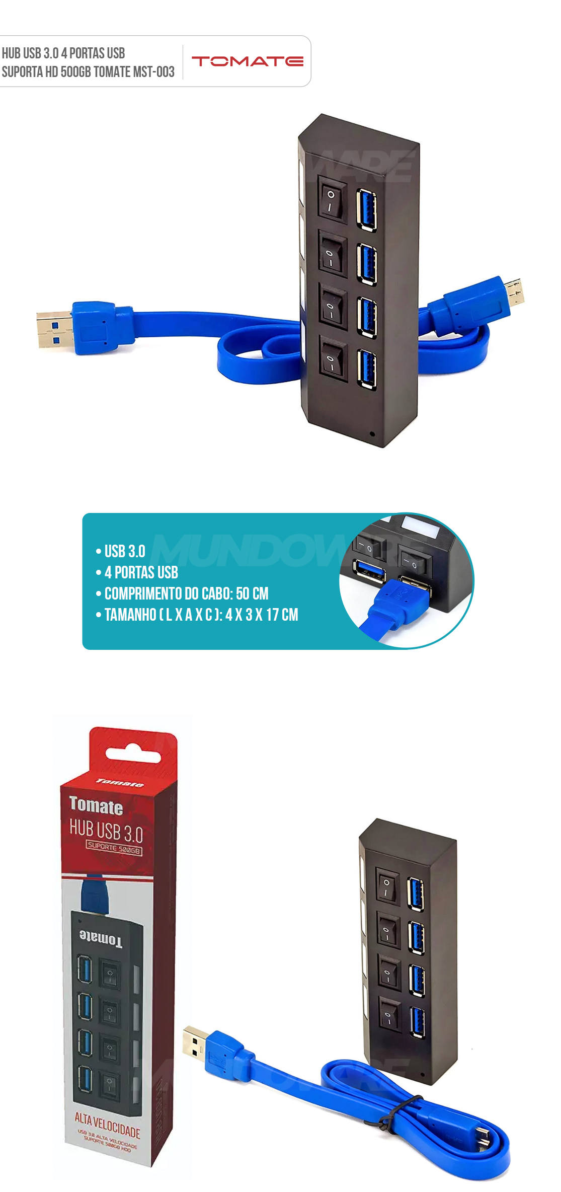 Hub USB 3.0 4 portas USB com Led Indicador e Botão On/Off Individuais Suporta HD 500GB Tomate MST-003