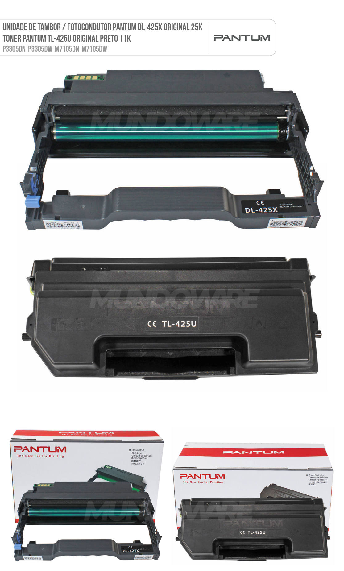 Combo Fotocondutor DL-425X + Toner TL-425U Originais para Pantum P3305 P3305DN P3305DW M7105 M7105DN M7105DW 3305 7105