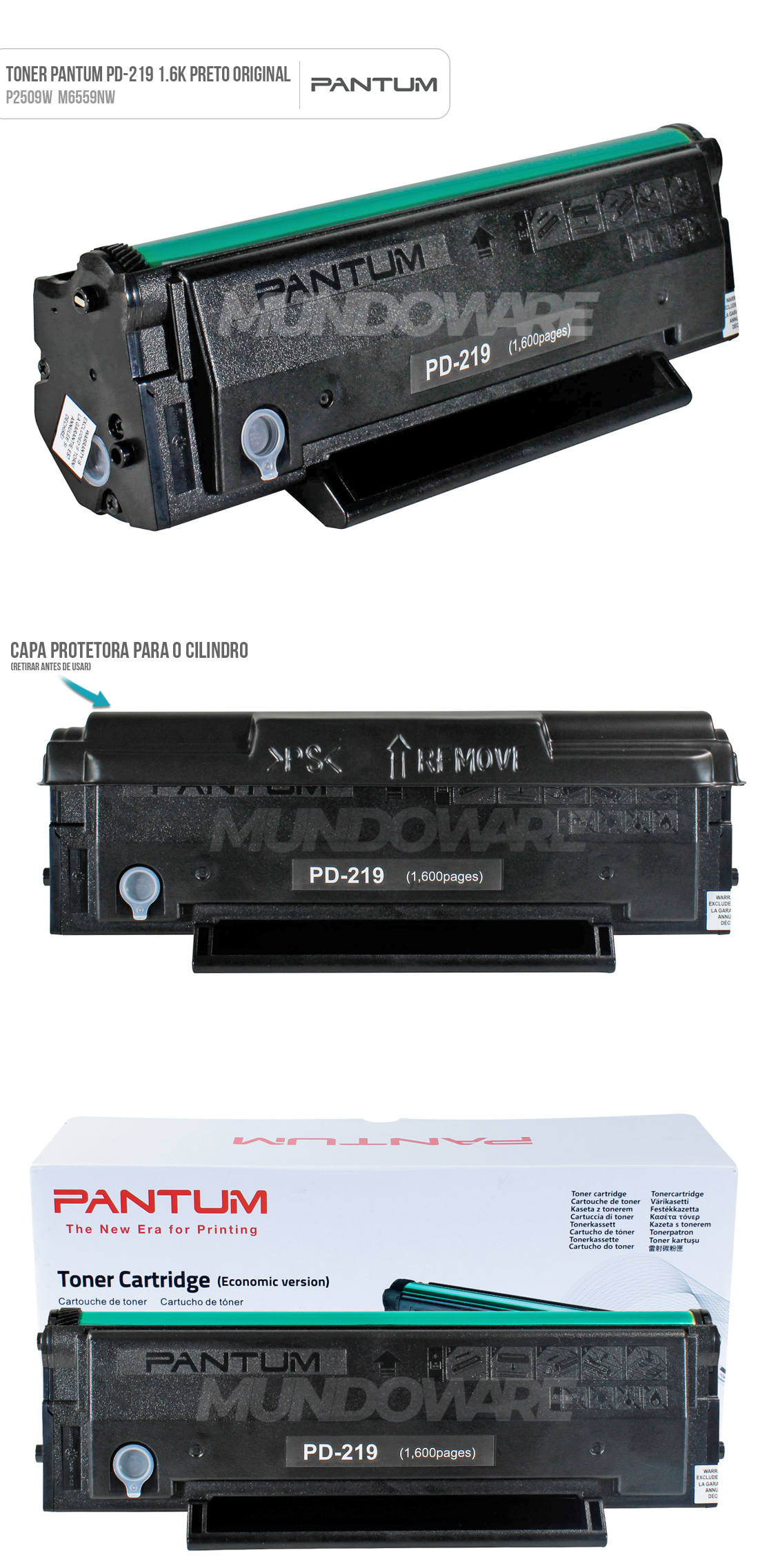 Toner Pantum PD-219 PD219 Original para Impressoras P2509W M6509NW M6559N M6559NW M6609N M6609NW P2509 M6559 Preto 1.600