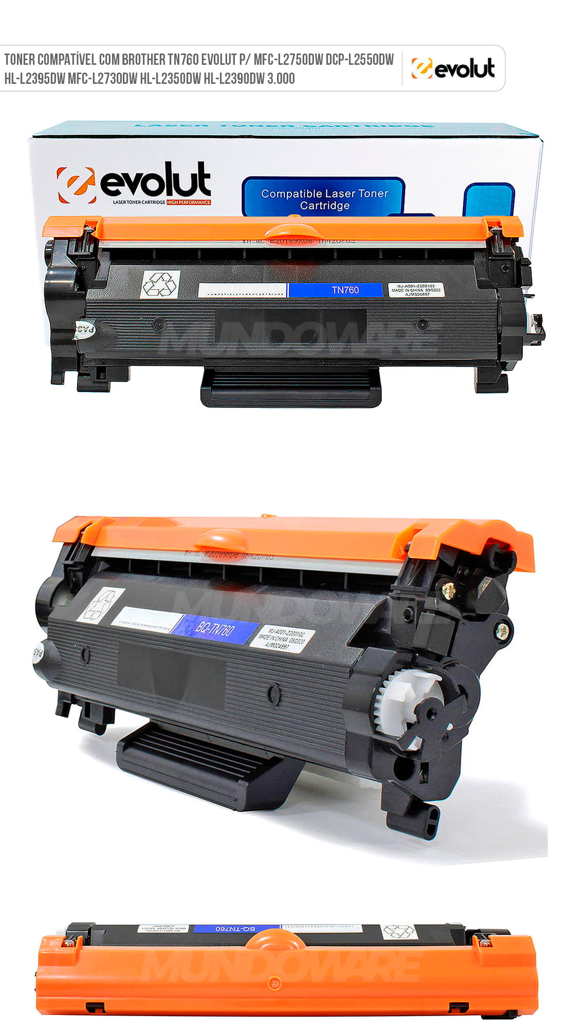 Toner Compatível com Brother TN760 Evolut p/ MFC-L2750dw DCP-L2550dw HL-L2395dw MFC-L2730dw HL-L2350dw HL-L2390dw 3.000