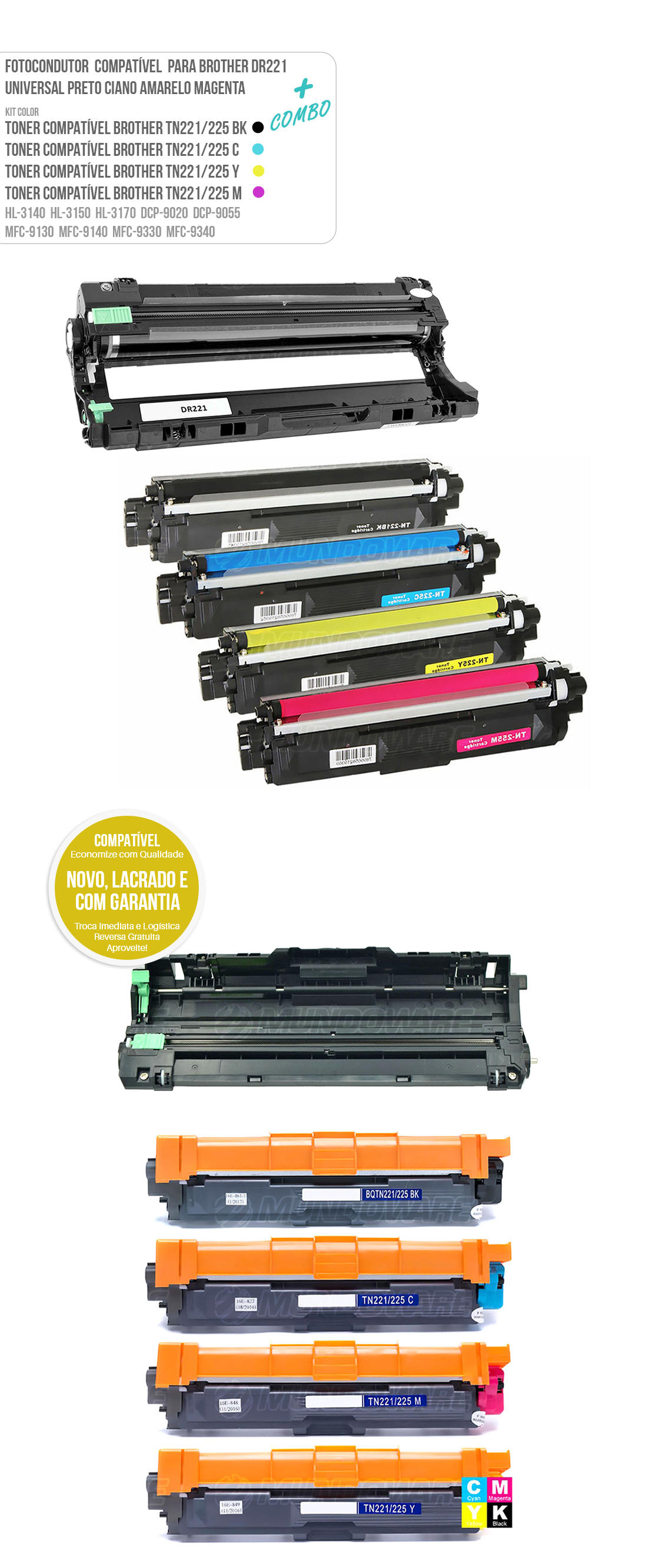 Kit colorido Brother cmybk tn221 tn-221 tonner tn225 tn-225 + Fotocondutor DR221 para impressora HL-3140 HL-3150 HL-3170 DCP-9020 DCP-9055