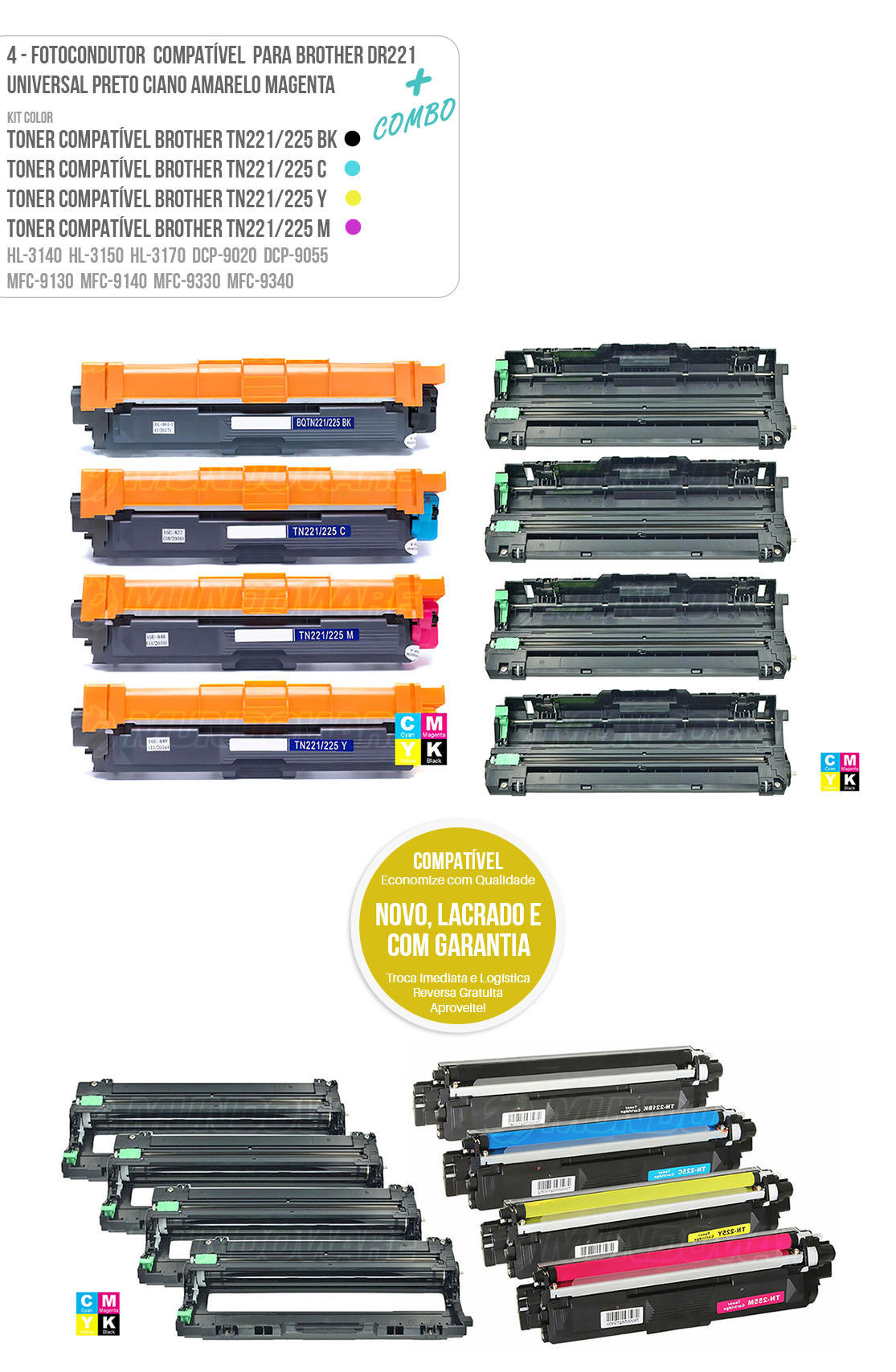 Kit de Toner Colorido + 4 Cartuchos de Cilindro para impressora Laser Colorido HL-3140 HL-3150 HL-3170 DCP-9020 DCP-9055 MFC-9130 MFC-9140 MFC-9330 MFC-9340 Kit colorido Brother cmybk tn221 tn225 tonner tn225 tn-225 + 4 peças Fotocondutores DR221 para impressora HL3140 HL3150 HL3170 DCP9020 DCP9055