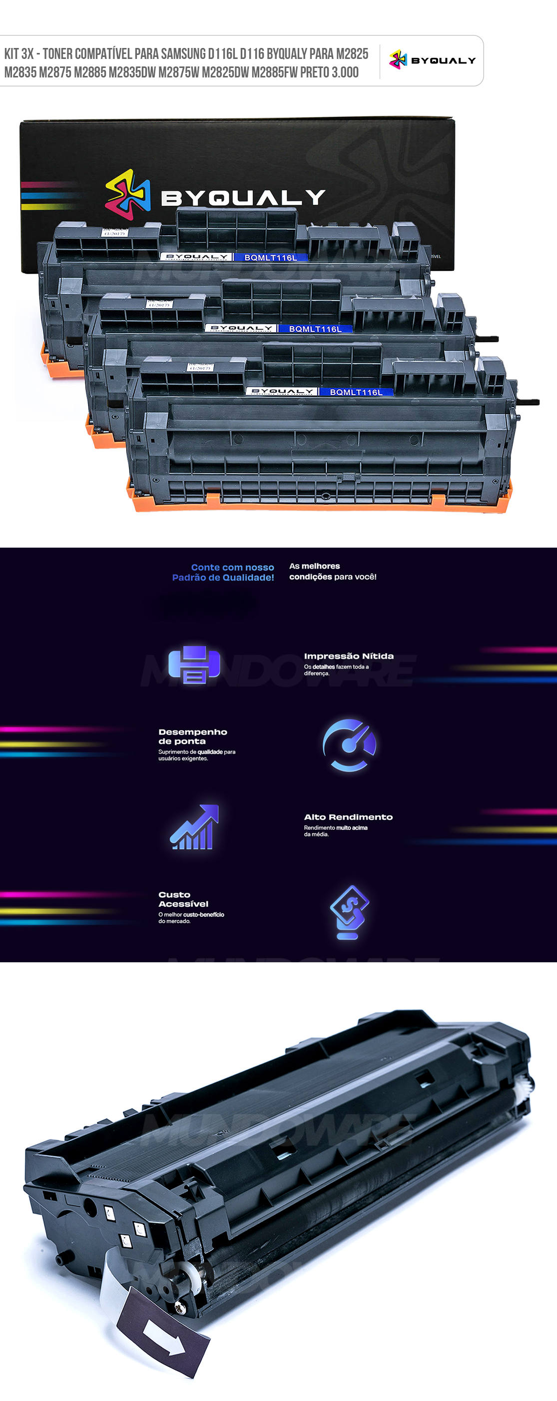 Kit 3x Toner Compatível com Samsung 116L ByQualy para M2825nd M2875w M2875fd M2625 M2675hn M2676n M2826 2876 Preto 3.000 Kit 3x Toner Compatível com Samsung 116L ByQualy para M2825nd M2875w M2875fd M2625 M2675hn M2676n M2826 2876 Preto 3.000