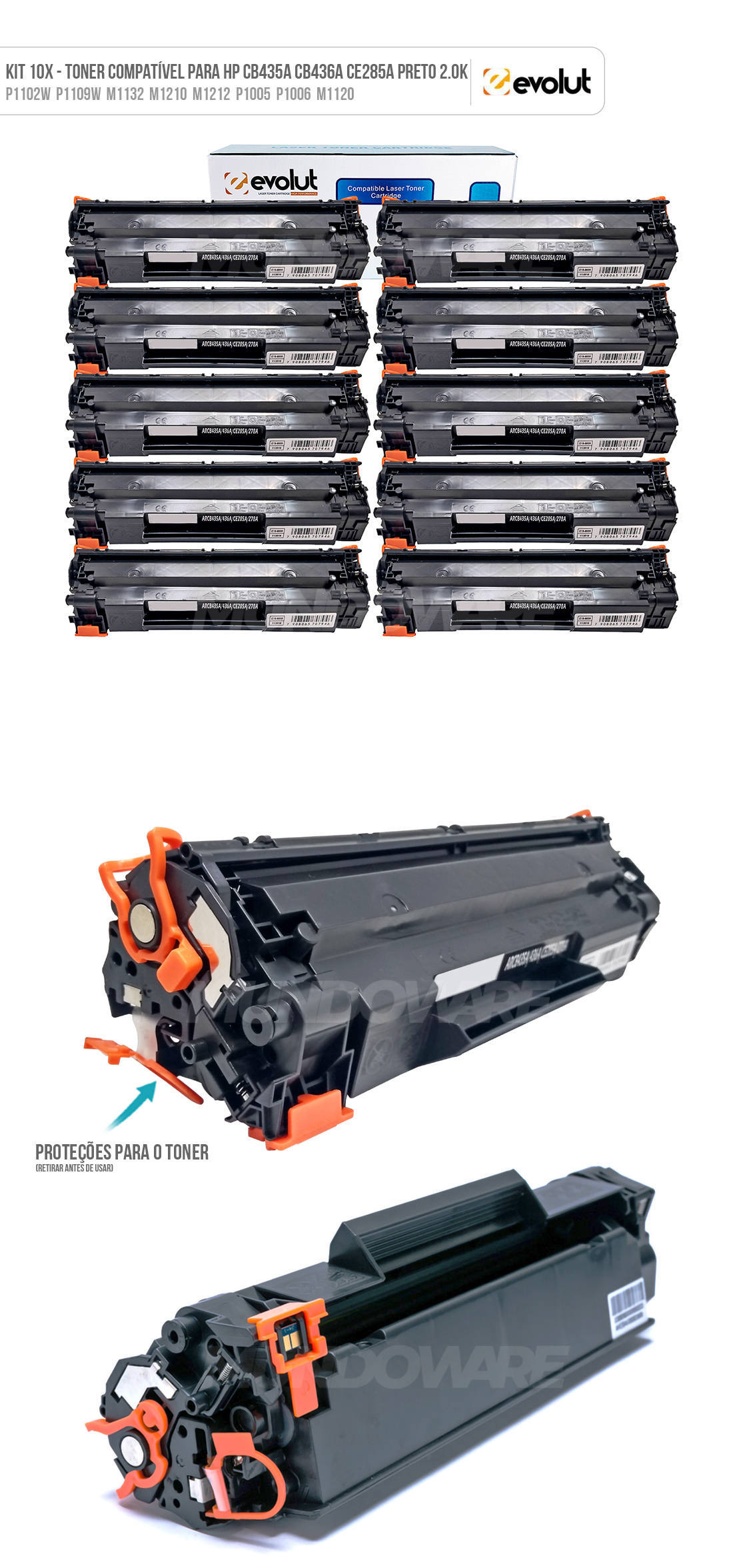 Kit 10x Toner Compatível para 435A 436A 285A Evolut para P1505n P1102w M1522 M1219 M1217fw M1120n M1212nf Preto 1.800 Kit 10x Toner Compatível para 435A 436A 285A Evolut para P1505n P1102w M1522 M1219 M1217fw M1120n M1212nf Preto 1.800