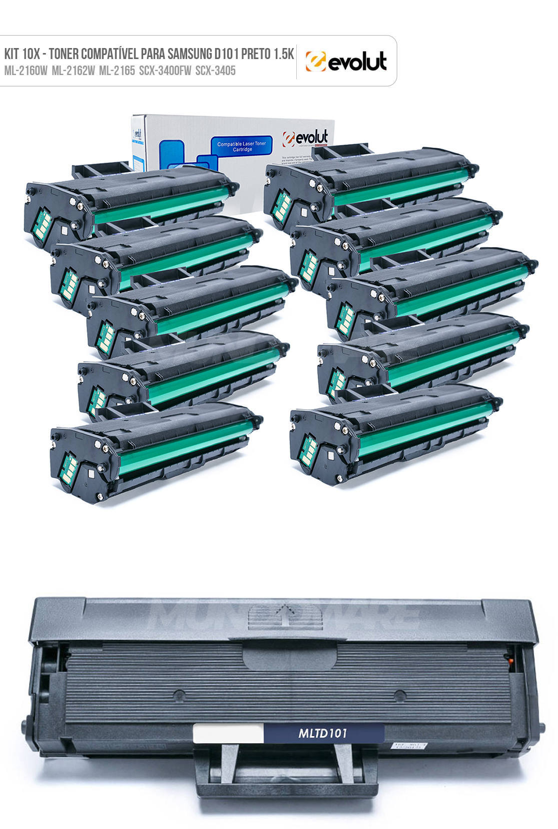 Kit 10x Toner Compatível com Samsung MLT101S D101 Evolut para ML-2165w ML-2162w ML-2160w SCX-3400fw SCX-3405 Preto 1.500 Kit 10x Toner Compatível com Samsung MLT101S D101 Evolut para ML-2165w ML-2162w ML-2160w SCX-3400fw SCX-3405 Preto 1.500