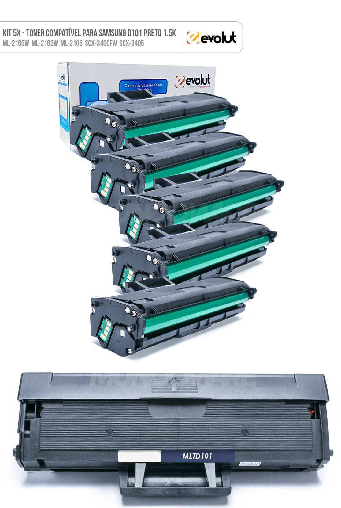 Kit 5x Toner Compatível com Samsung MLT101S D101 Evolut para ML-2165w ML-2162w ML-2160w SCX-3400fw SCX-3405 Preto 1.500 Kit 5x Toner Compatível com Samsung MLT101S D101 Evolut para ML-2165w ML-2162w ML-2160w SCX-3400fw SCX-3405 Preto 1.500