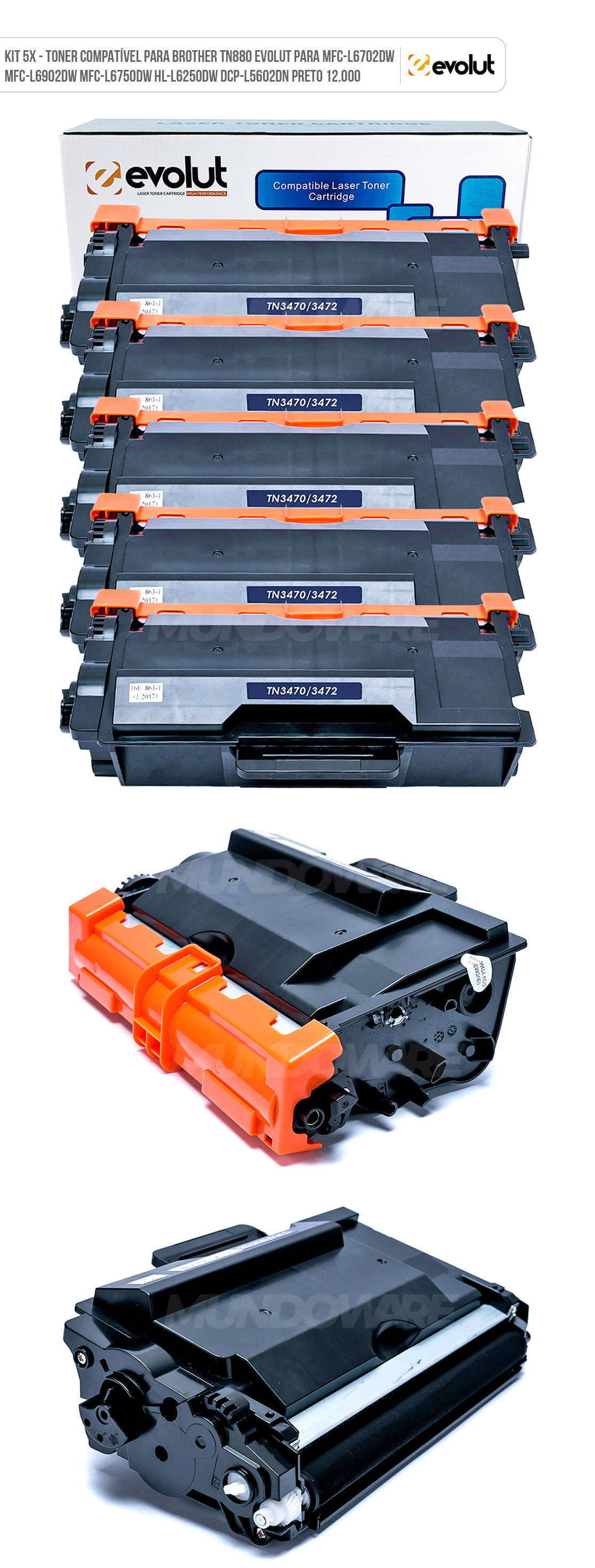 Kit 5x Toner Compatível para Brother TN-3472 Evolut para L5652 L5202 L6202 L6402 L5602 L6902 L5902 L6702 Preto 12.000 Kit 5x Toner Compatível para Brother TN-3472 Evolut para L5652 L5202 L6202 L6402 L5602 L6902 L5902 L6702 Preto 12.000