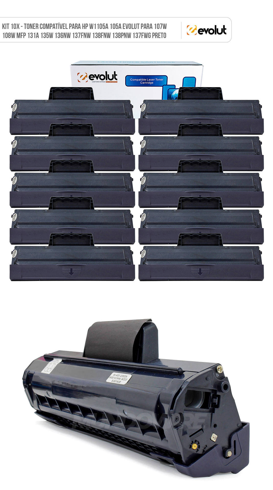 Kit 10x Toner Compatível para HP W1105A 1105 Evolut para 137fwg 133pn 107a 136nw 137fnw 135wg 135ag 138pn Preto 1.000 Kit 10x Toner Compatível para HP W1105A 1105 Evolut para 137fwg 133pn 107a 136nw 137fnw 135wg 135ag 138pn Preto 1.000