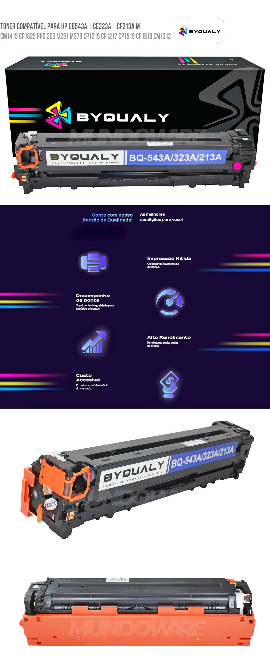 Toner Magenta Compatvel com HP 543A 323A 213A ByQualy para M276nw M251nw M276 M251 CM1312 CP1215 CP1525 CM1415 1.400