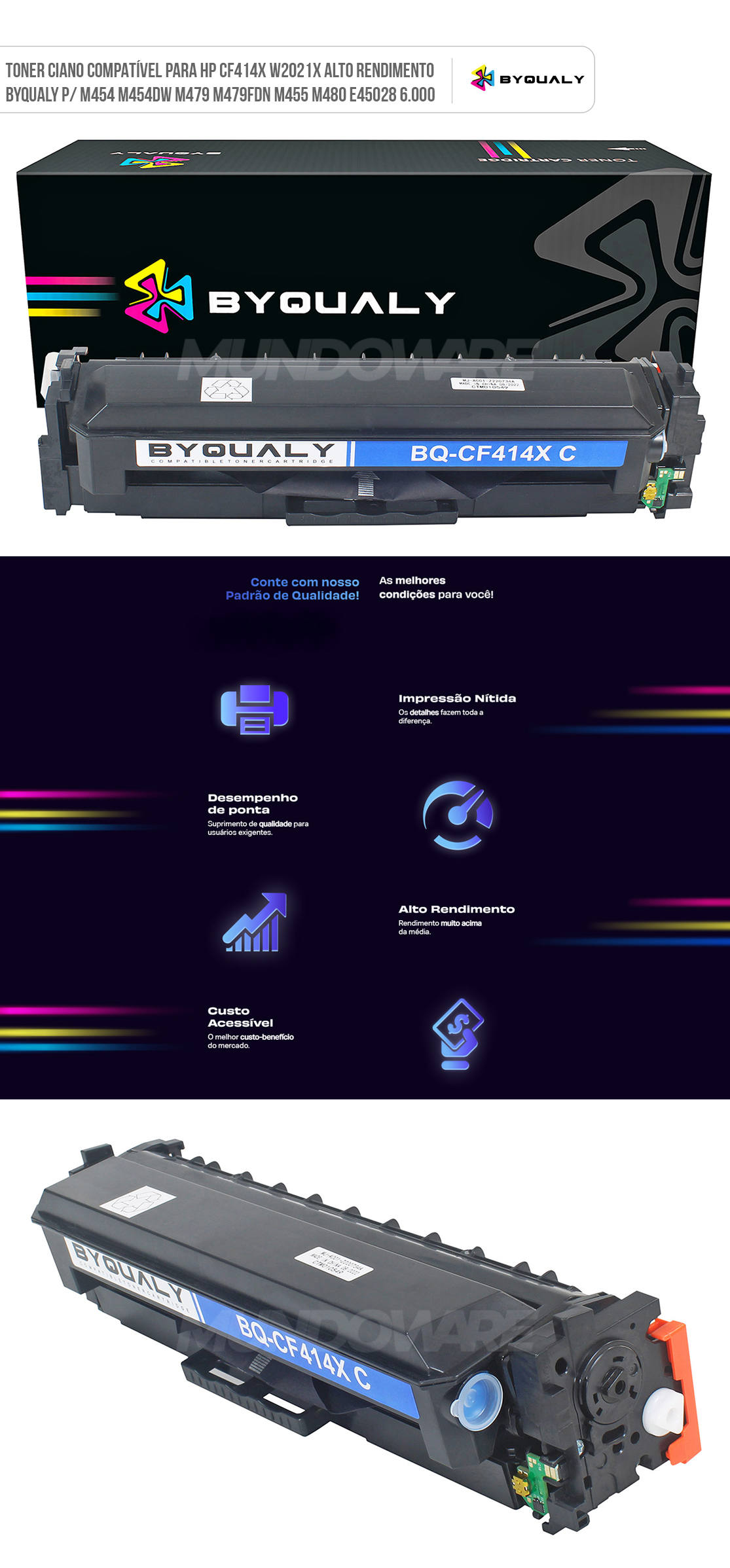 Cartucho de Toner Ciano Compatível para HP CF414X W2021X Alto Rendimento ByQualy p/ M454 M454dw M479 M479fdn M455 M480 E45028 6.000 Toner Ciano Compatível para HP CF414X W2021X Alto Rendimento ByQualy p/ M454 M454dw M479 M479fdn M455 M480 E45028 6.000