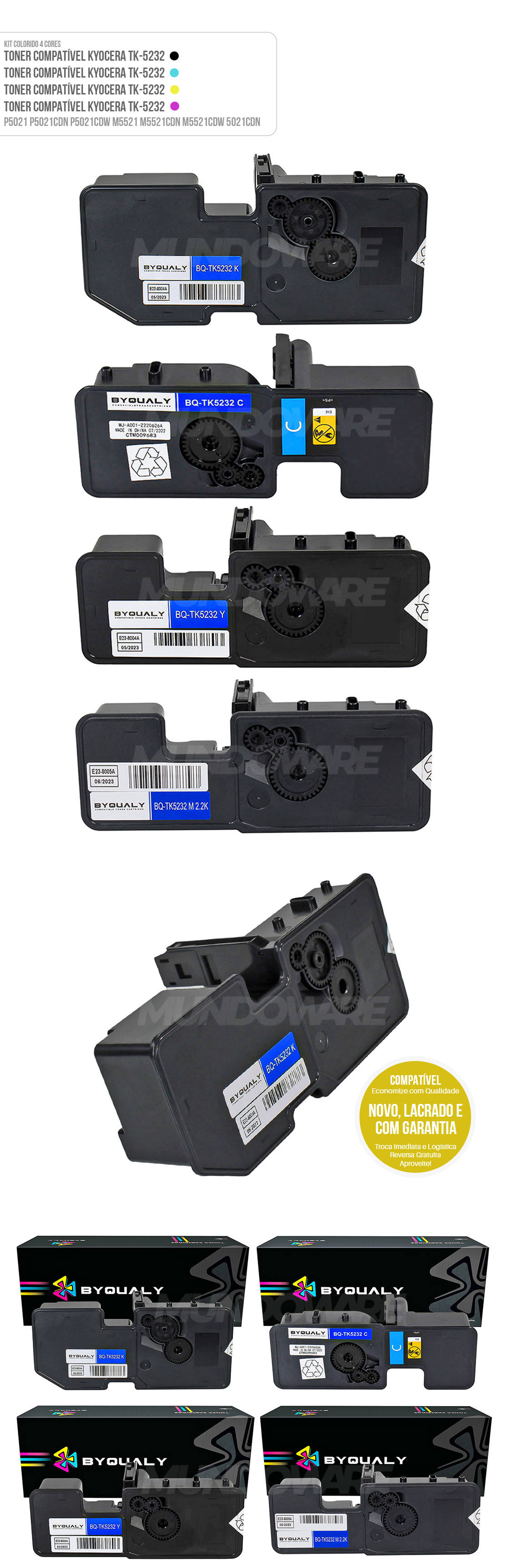 Kit 4 Cores Toner Compatível para Kyocera TK-5232 TK5232 ByQualy para Ecosys P5021cdw P5021cdn P5021 M5521cdw M5521cdn