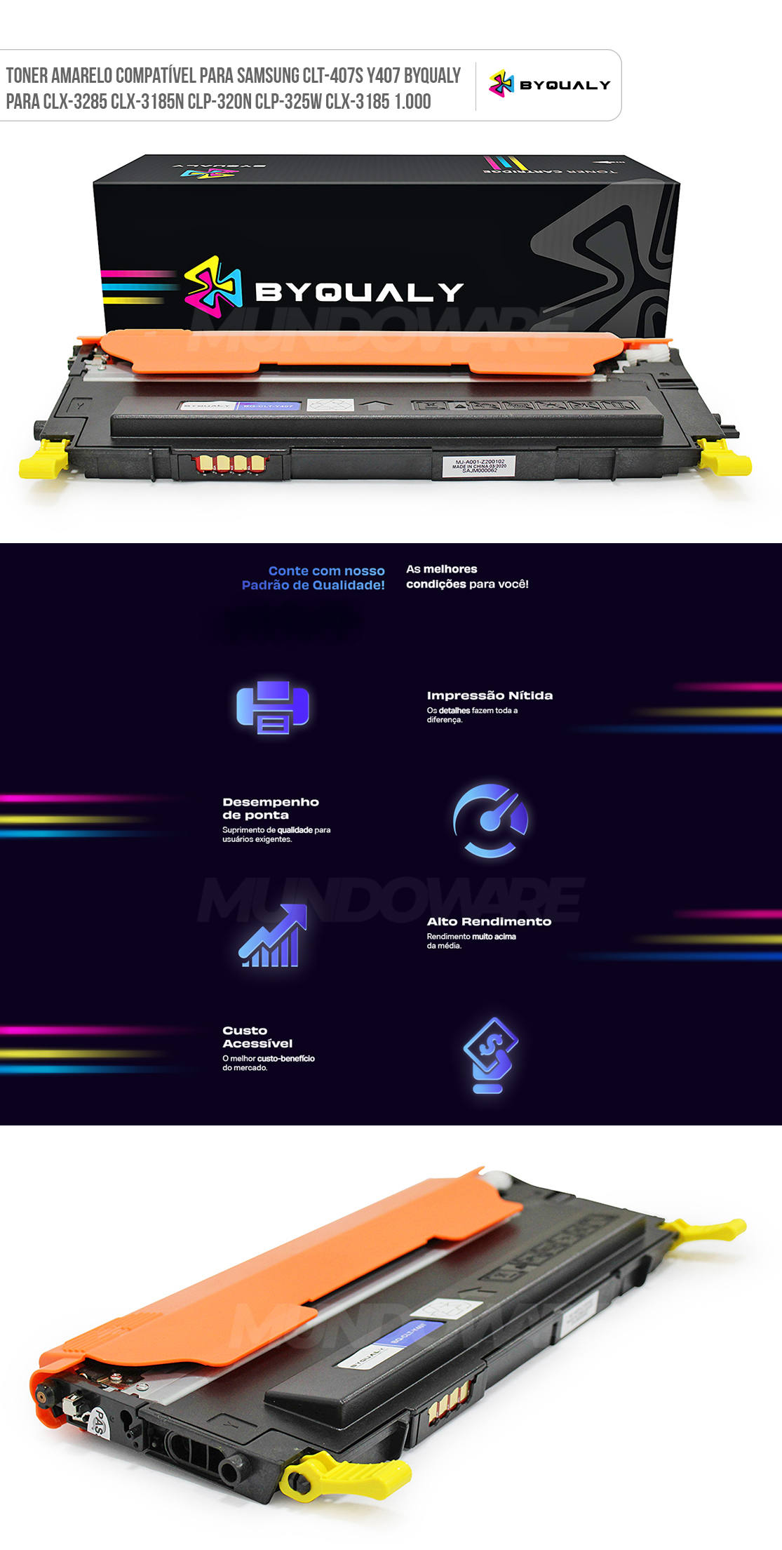 Cartucho de Toner Amarelo Compatível para Samsung CLT-407S Y407 ByQualy para CLX-3285 CLX-3185n CLP-320n CLP-325w CLX-3185 1.000 Toner Amarelo Compatível para Samsung CLT-407S Y407 ByQualy para CLX-3285 CLX-3185n CLP-320n CLP-325w CLX-3185 1.000
