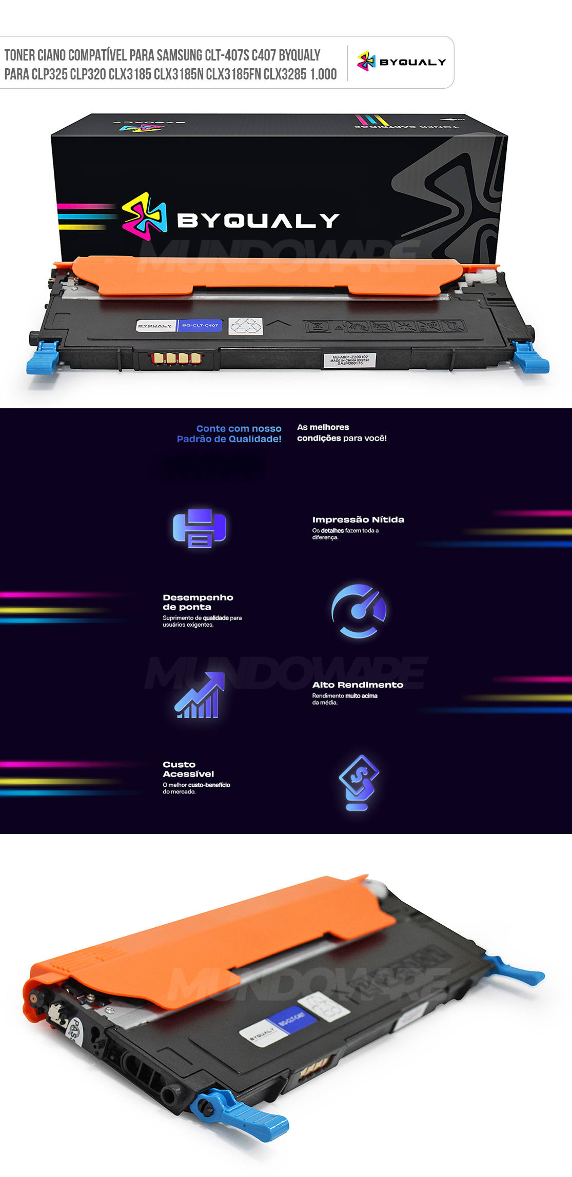 Cartucho de Toner Ciano Compatível para Samsung CLT-407S C407 ByQualy para CLP325 CLP320 CLX3185 CLX3185n CLX3185fn CLX3285 1.000 Toner Ciano Compatível para Samsung CLT-407S C407 ByQualy para CLP325 CLP320 CLX3185 CLX3185n CLX3185fn CLX3285 1.000