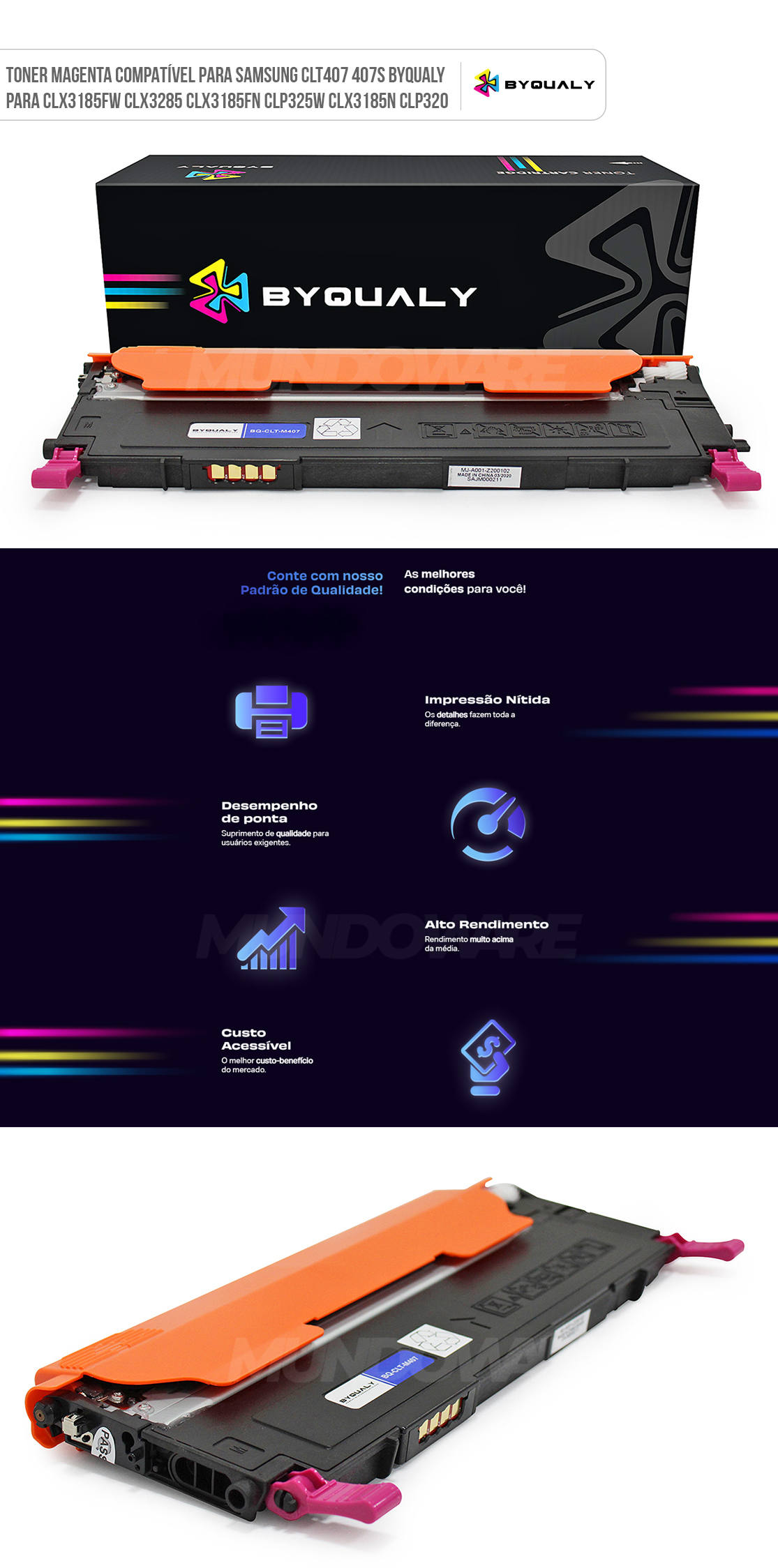 Cartucho de Toner Magenta Compatível para Samsung CLT407 407S ByQualy para CLX3185fw CLX3285 CLX3185fn CLP325w CLX3185n CLP320 1.000 Toner Magenta Compatível para Samsung CLT407 407S ByQualy para CLX3185fw CLX3285 CLX3185fn CLP325w CLX3185n CLP320 1.000