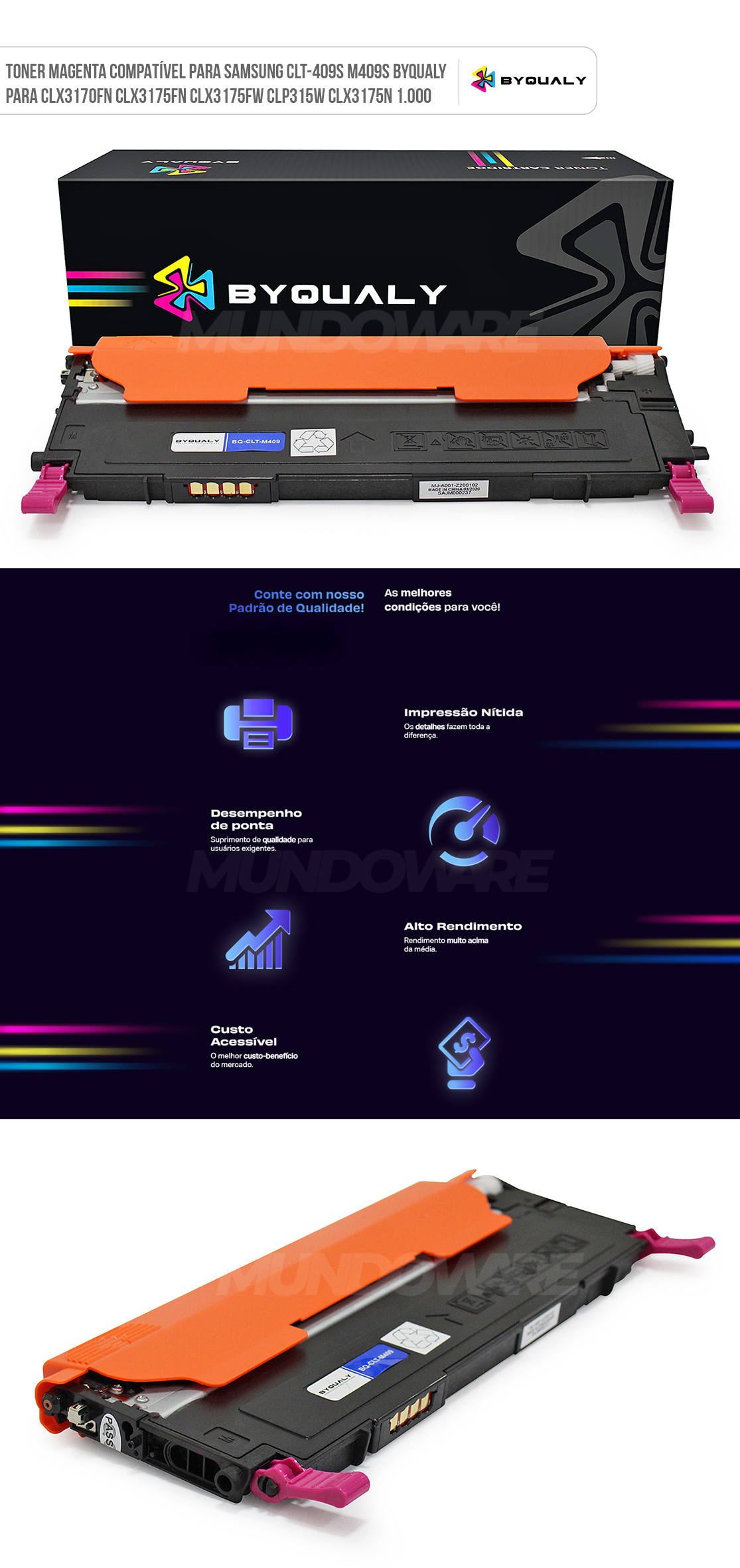 Cartucho de Toner Magenta Compatível para Samsung CLT-409S M409S ByQualy para CLX3170fn CLX3175fn CLX3175fw CLP315w CLX3175n 1.000 Toner Magenta Compatível para Samsung CLT-409S M409S ByQualy para CLX3170fn CLX3175fn CLX3175fw CLP315w CLX3175n 1.000