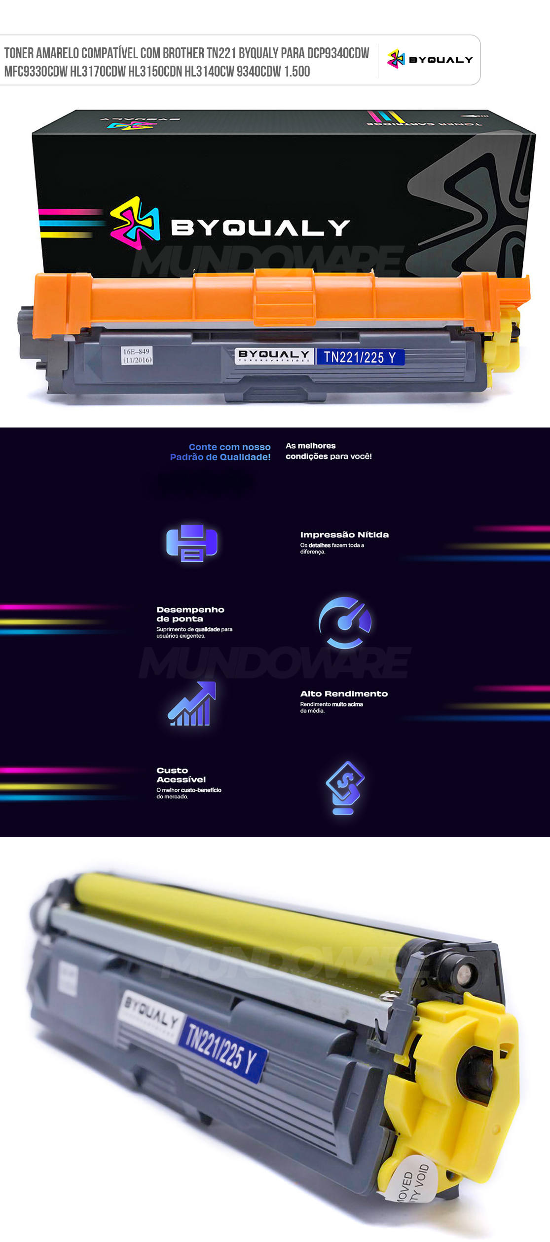 Toner Amarelo Compatvel com Brother TN221 ByQualy para DCP9340cdw MFC9330cdw HL3170cdw HL3150cdn HL3140cw 9340cdw 1.500