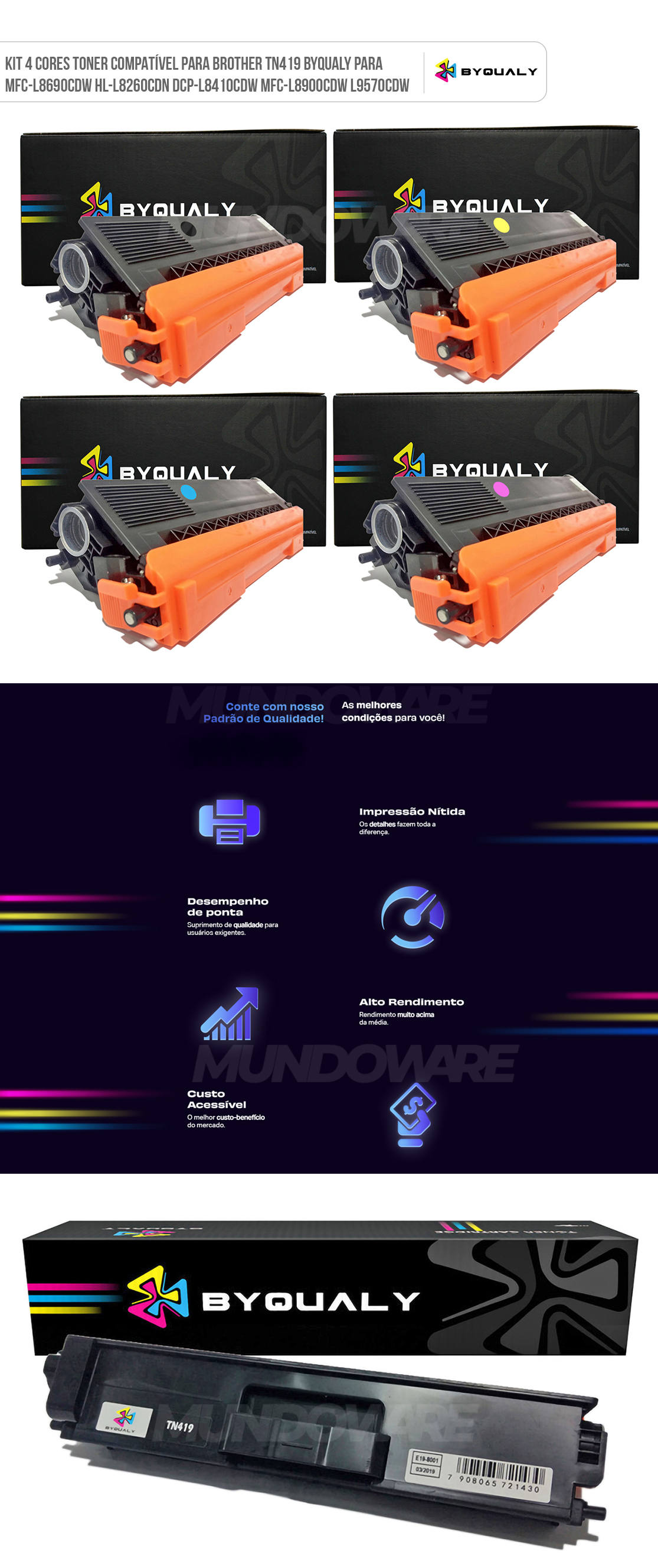 Kit Colorido Toner Compatível para Brother TN419 ByQualy para MFC-L8690cdw HL-L8260cdn DCP-L8410cdw MFC-L8900cdw L9570cdw Kit 4 Cores Toner Compatível para Brother TN419 ByQualy para MFC-L8690cdw HL-L8260cdn DCP-L8410cdw MFC-L8900cdw L9570cdw
