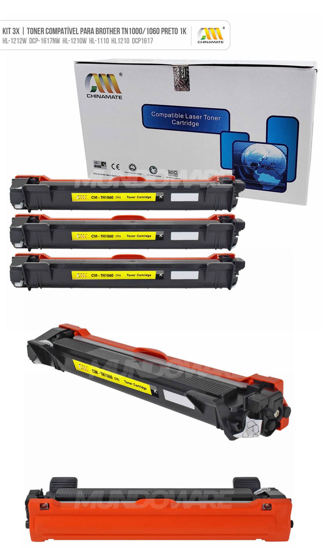 Kit 3x Toner Compatvel para Brother TN1060 Chinamate para HL-1110 HL-1112 DCP-1510 DCP-1612w HL-1212w DCP-1617nw Preto 1.000
