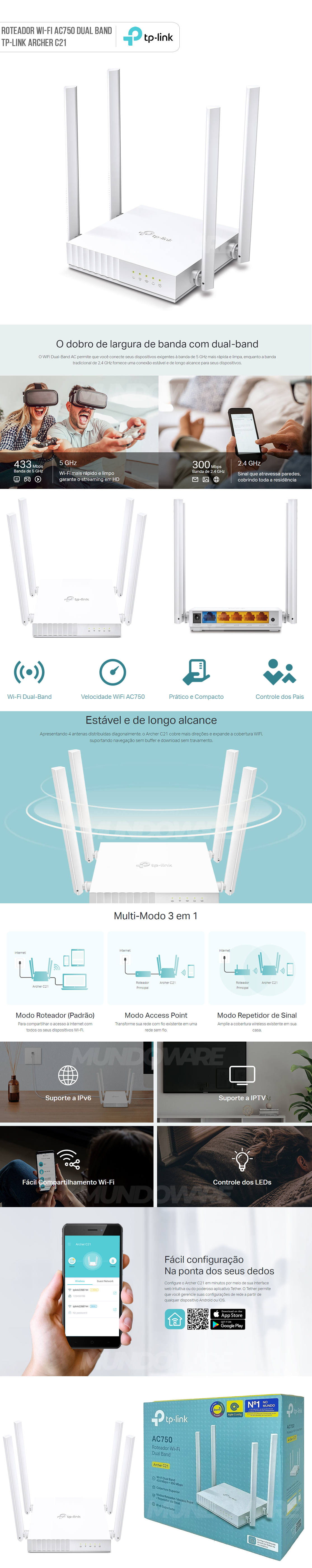 Roteador Wi-Fi AC750 TP-Link Archer C21 Dual Band 4 Antenas Multi-Modo 3 em 1
