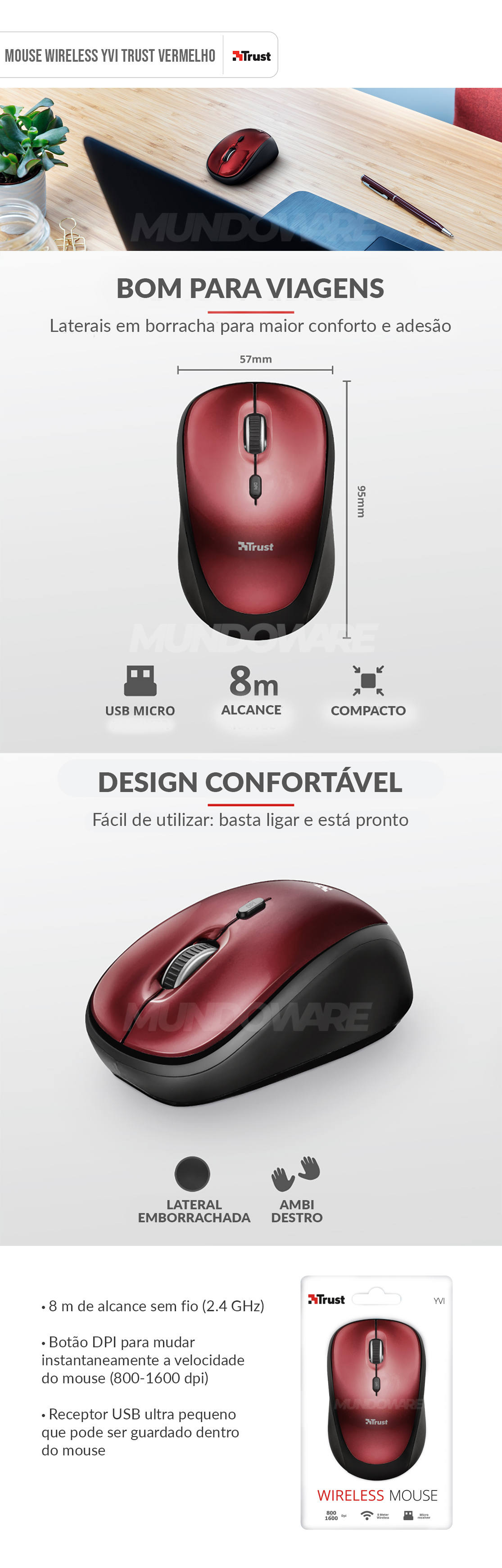 Mouse Wireless Compacto com Botão Seletor de DPI e Nano Receptor USB Trust Yvi Vermelho