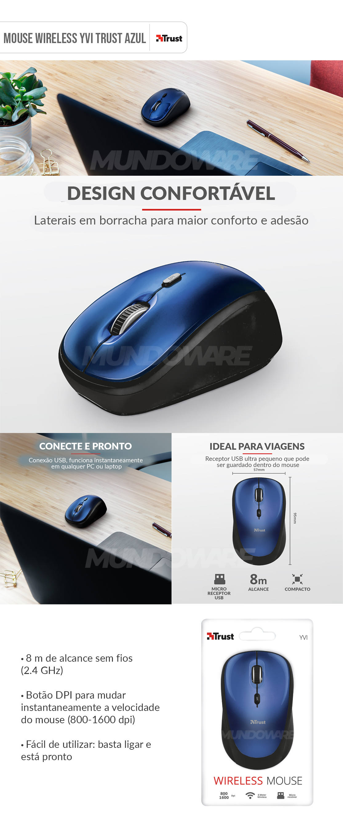 Mouse Wireless Compacto com Botão Seletor de DPI e Nano Receptor USB Trust Yvi Blue