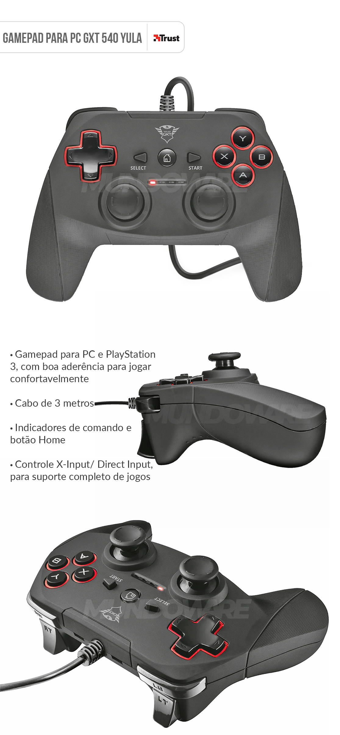 Gamepad para Computador 13 botes 2 Joysticks D-pad Cabo de 3 metros Trust GXT 540 Yula Preto