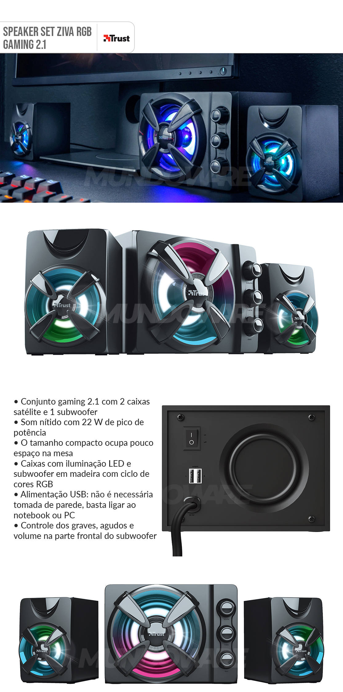 Caixa de Som 2.1 Gamer com Subwoofer em Madeira 11W RMS Iluminação RGB USB Trust Ziva