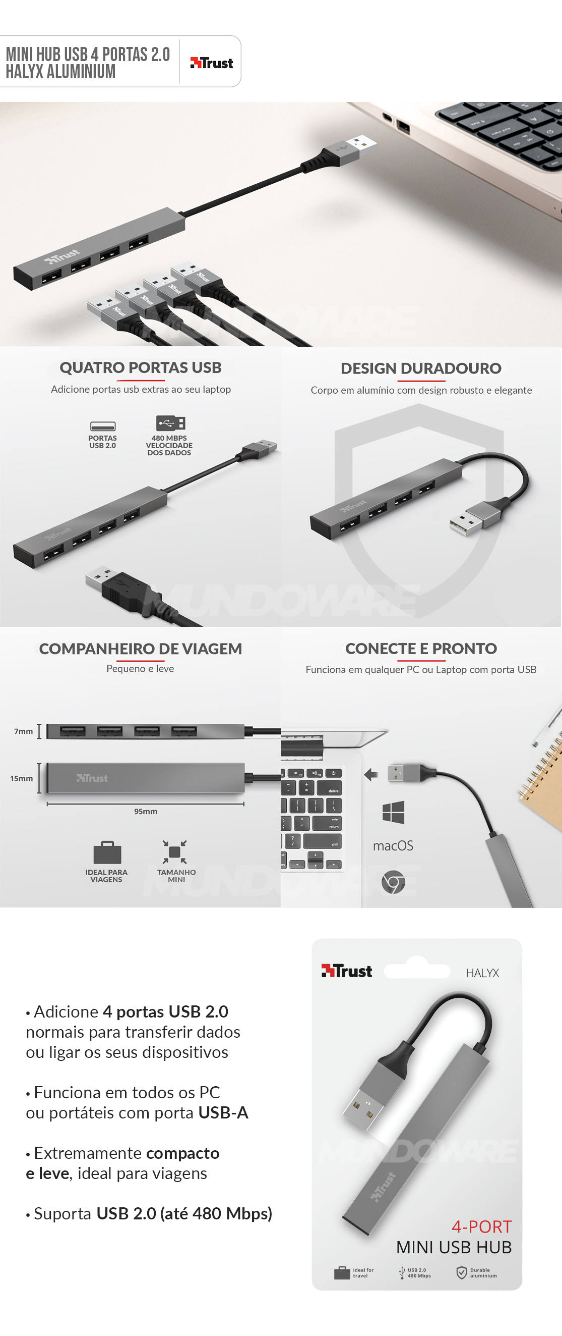 Hub USB 4 Portas 2.0 Ultra-Compacto em Alumínio Trust Halyx