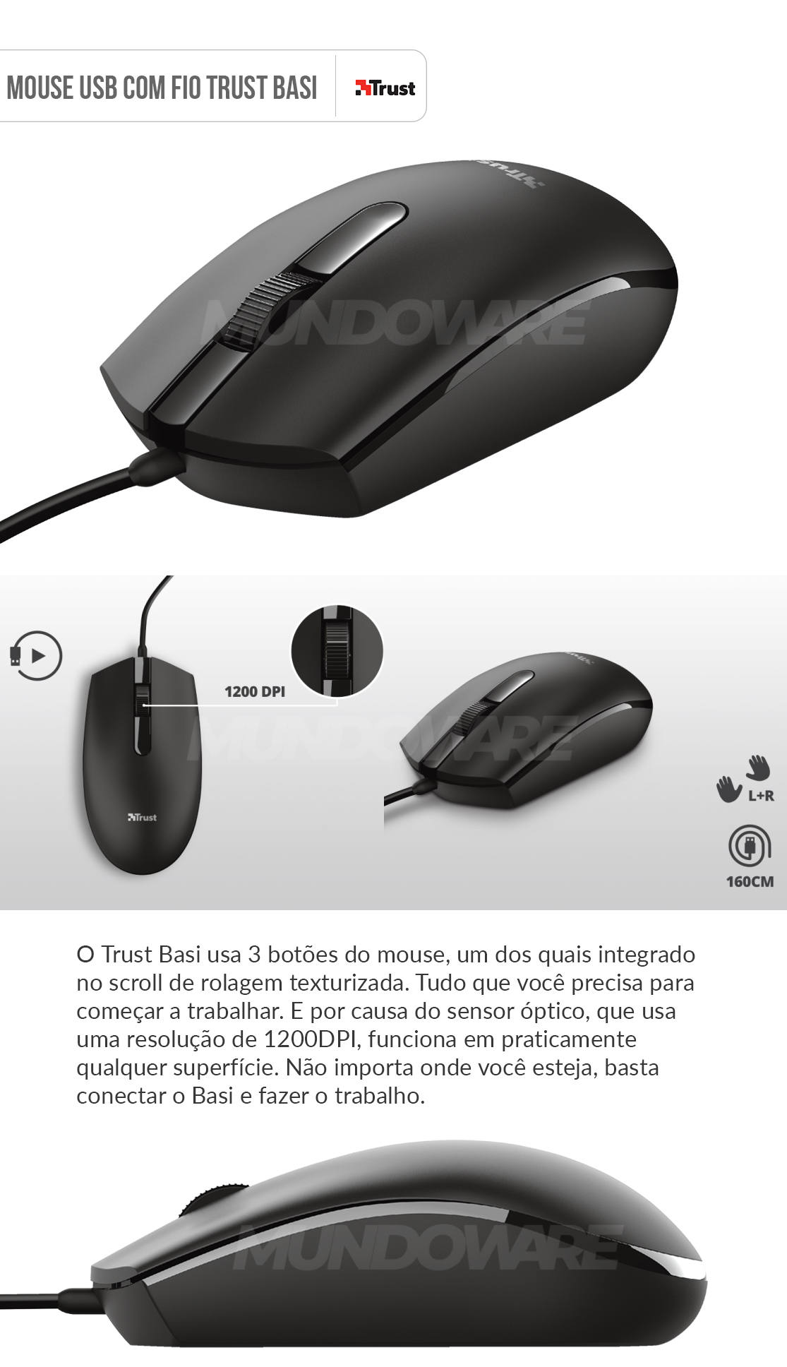 Mouse Preto USB com Fio 1200DPI Ambidestro Cabo de 160 cm Trust Basi