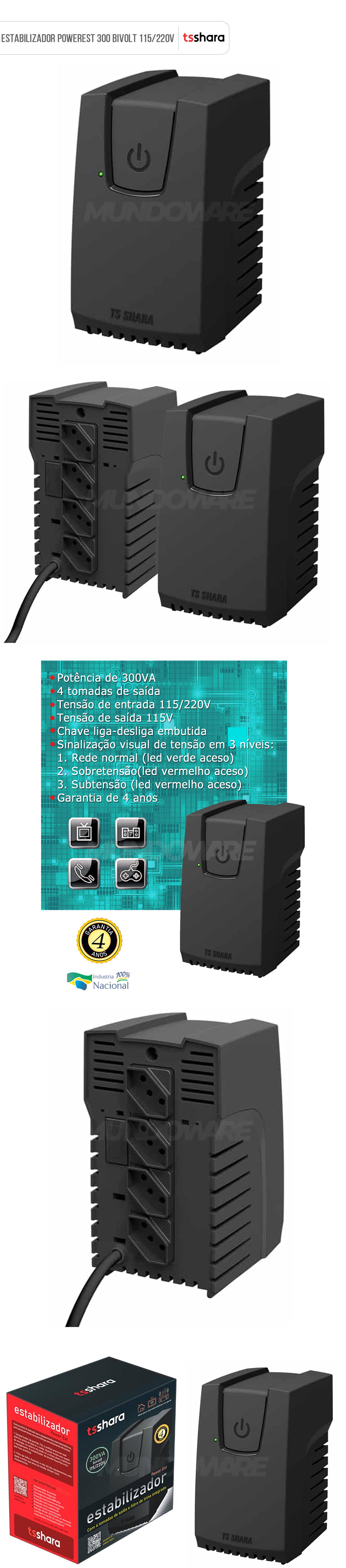 Estabilizador 300VA Bivolt 4 Tomadas Filtro de Linha Integrado Ideal para Eletrodomésticos TSShara Power Est 300