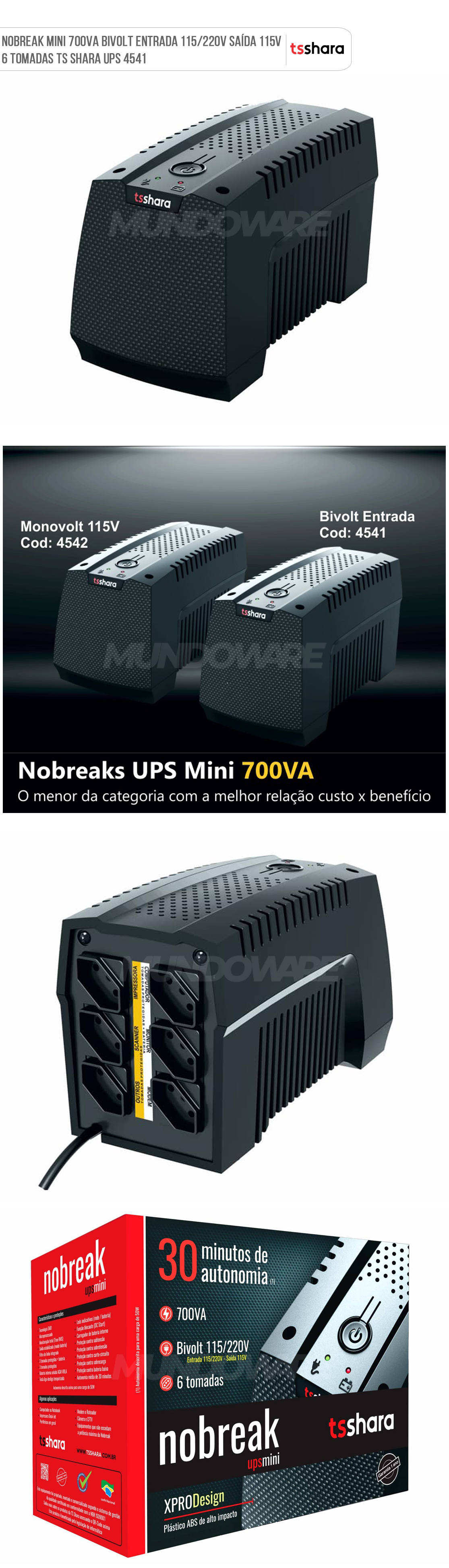 Nobreak Mini 700VA 455W PWM Entrada 115/220V Sada 115V TS Shara UPS XPro 4541