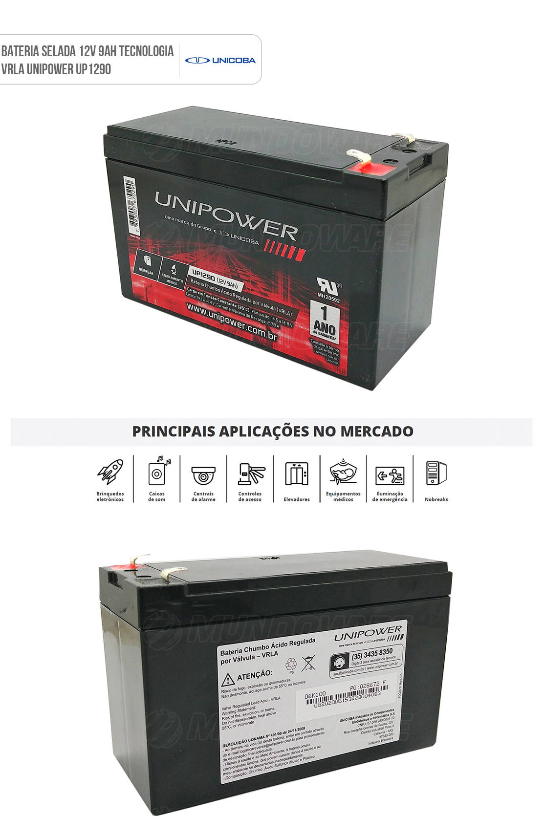 Bateria 12V 9Ah Selada para Brinquedos Eletrônicos Nobreaks Sistemas de Segurança e Alarme Unicoba Unipower UP1290